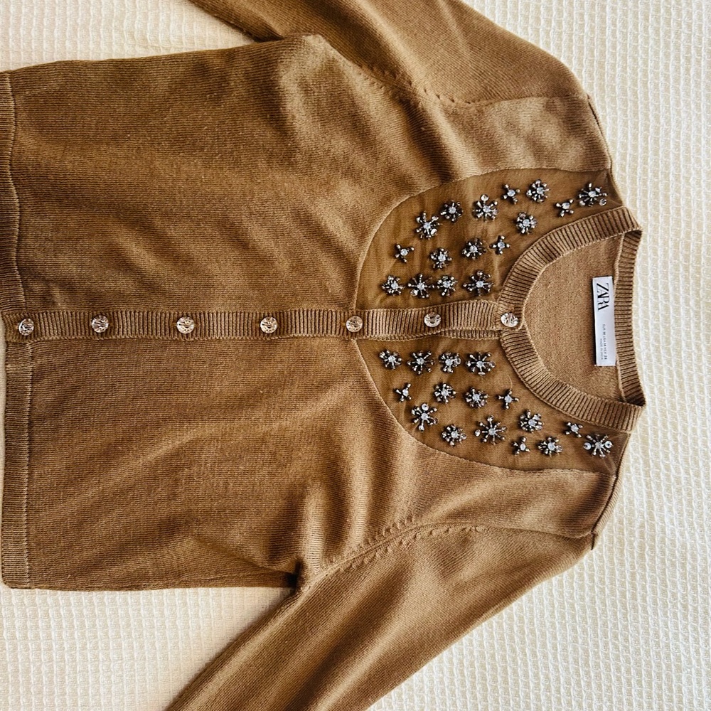 Zara Tan Embellished Cardigan Sweater